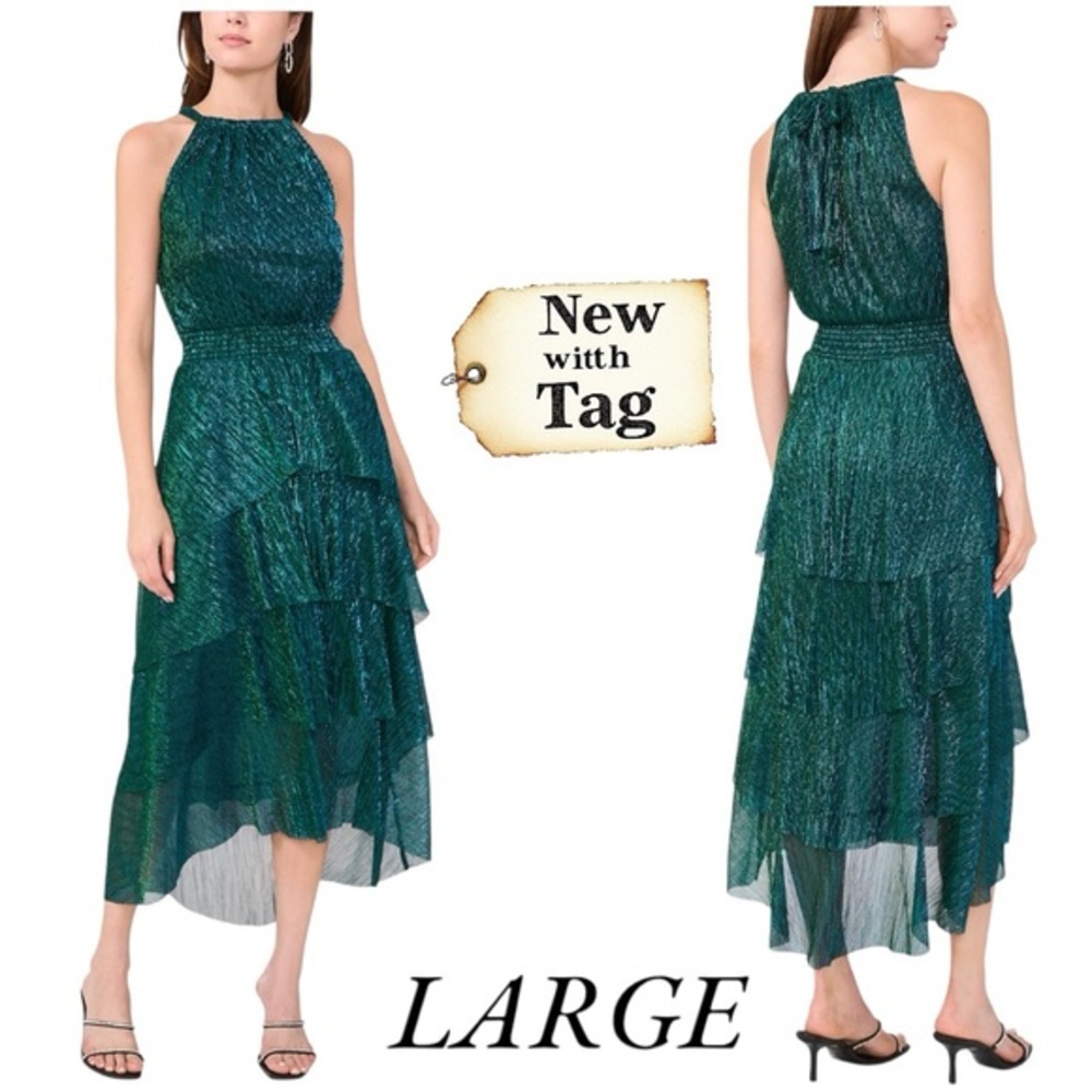 1. State Green Metallic Halter Maxi
